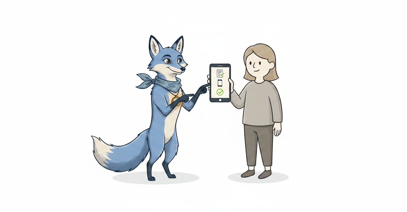 Easy factor(オンラインファクタリング)の申込・相談の流れを案内するマスコット「コンパ」のイラスト