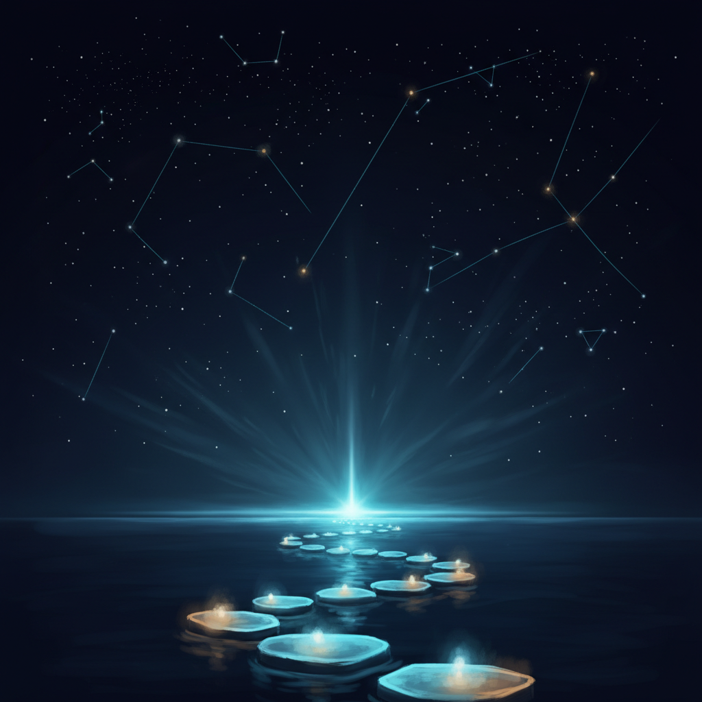 Illustration of a glowing signpost showing the application and consultation flow for PayBridge (payment agency for the advertising industry)