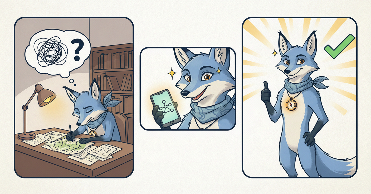 Ilustración estilo tira cómica de 4 viñetas de la mascota "Compa" que muestra el proceso: preocupación del lector al considerar el WiFi sin ataduras (plan a corto plazo) → descubrimiento → tranquilidad