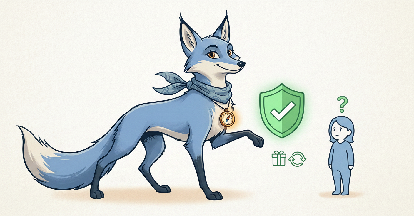 Ilustración de la mascota "Compa" que representa la tranquilidad del uso gratuito de WiFi sin ataduras (plan a corto plazo)